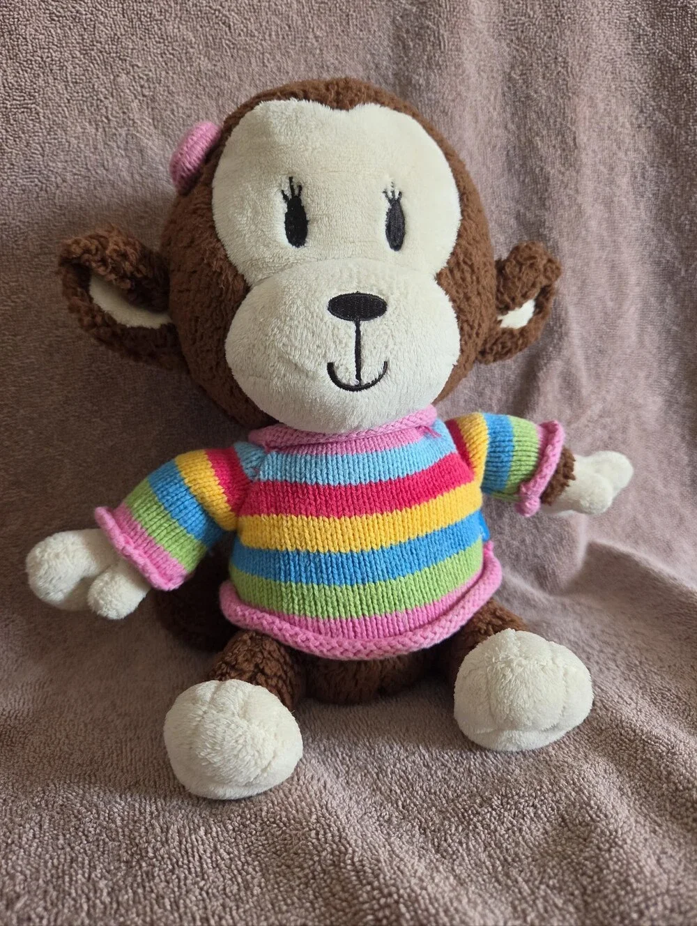 The Children’s Place Monkey Plush Rainbow Striped Sweater Pink Bow 10–11”